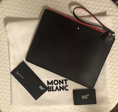 Authentic MONTBLANC Large Sz Black Leather Clutch Zip Pouch Bag Wrist Strap NEW • $370