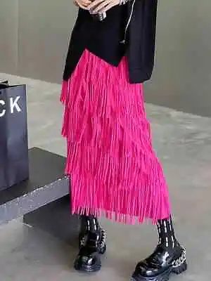 Fuchsia  Bright Pink Urban Street Boho Chic Fringe Tassel Long Pleat Skirt 10 • £64.99