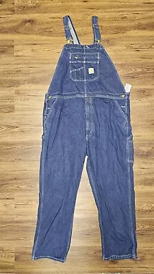 Carhartt Overalls Mens Blue Denim Loose Fit Bib Work 104672 DST Jeans 46x32 • $12