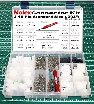 287pcs Molex 2-15 Pin 14A Connector Kit 0.093  Wire Gauge 14-22 AWG W/ Tools • $85.72