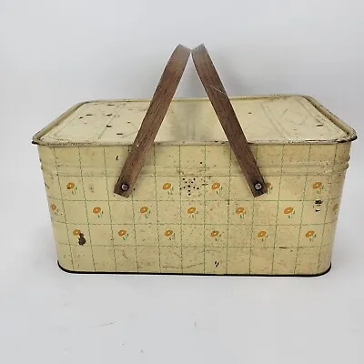 Vintage Tin Picnic Basket/Multi-Purpose Container With Wooden Handles • $31.72