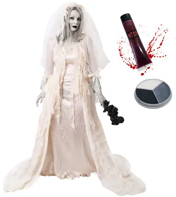 Deluxe Zombie Bride Costume Halloween Fancy Dress Face Paint Fake Blood • £44.19