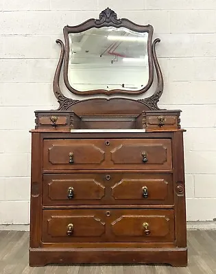 Antique Victorian Walnut And Marble Five Drawer Dresser With Mirror • $699