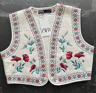 ZARA Ecru Floral Embroidered Gilet Waistcoat Size L Bloggers Festival Boho • $62.22