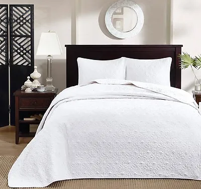 WHITE XXL 3pc Queen BEDSPREAD SET : COTTON FILL MATELASSE QUILT COVERLET • $93.45