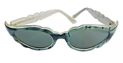 Vintage Cat's Eye Sunglasses-2 Tone Frames- Green On Clear-Scalloped Edges-Italy • $47