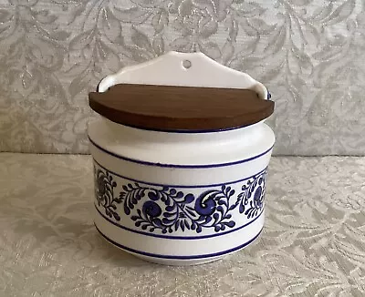 Vintage Valencia Salt Box Blue & White With Wood Lid Japan Country Farmhouse • $24.99