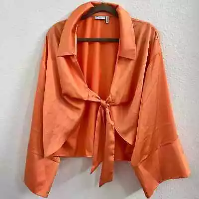 Asos Design Shirt Tie Front Long Kimono Sleeves Relaxed Fit Satin Coral Gold 0  • $14.53