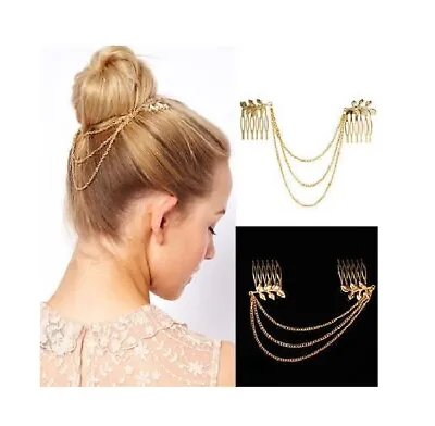 £2.98 • Buy Womens Tassel Leaf Hair Comb Chain Gold Metal Cuff Headband Summer Boho Uk