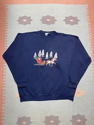 Vintage Christmas Sweatshirt Holidays Santa Sleigh Snow 3XL Horse Presents • $20