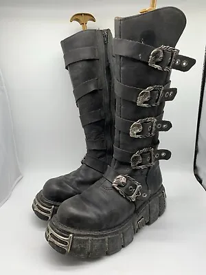 New Rock Original Gothic Platform Boots UK8 8.5 Tall Buckle Black Leather Chunky • £129.65