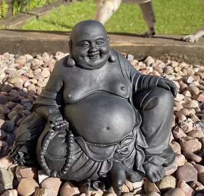 Black  Garden  Concrete Statue Chinese Laughing Buddha Birthday Koi Mum Dad • £16.99