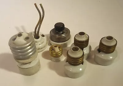 7 Antique Vintage Porcelain Light Sockets Adapters On Off Switch Hubbell GE 230 • $35