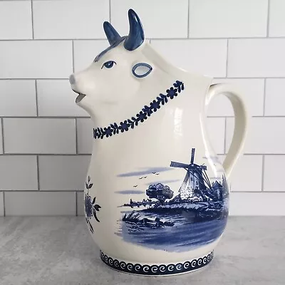 Delft Blue Hand-Painted 9¾” Tall Water Milk HOLLAND Windmill COW Pitcher Jug • $32