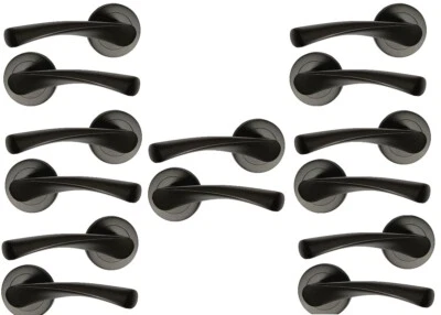 Matt Black Door Handles Pack Of 7 (pairs) Twirl Lever On Rose 52mm Diameter • £47.99