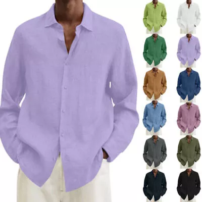 Mens Long Sleeve Linen Shirt Summer Loose Fit Lightweight Button Down Shirt New • $6.64