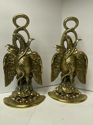 Vintage Solid Brass Military Eagle Snake Insignia Tall Bookends Door Stop • $145