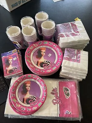 Vtg 90s Barbie Party Tableware Lot Cups Plates Napkins Tablecloth Invitations • $49.99