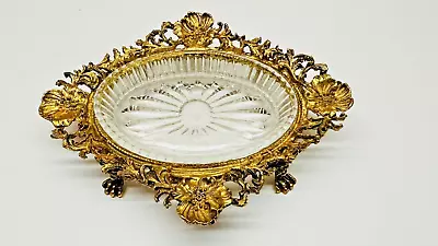 Vintage Gold Tone Metal Footed Soap Dish With Clear Glass Insert • $35