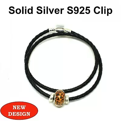 Double Leather Bracelet With S925 Silver Clip Stoppers & Murano Leopard Charm • £14.99