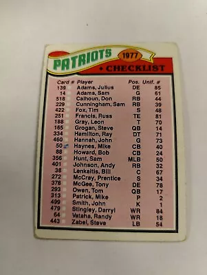 1977 TOPPS FOOTBALL SET #216 New England Patriots Checklist • $2