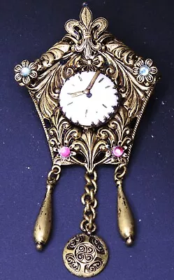 Vintage Signed CHEHOSLOVAKIA Pendulum Clock Fleur De Lis Gold Tone Brooch Pin • $38.99