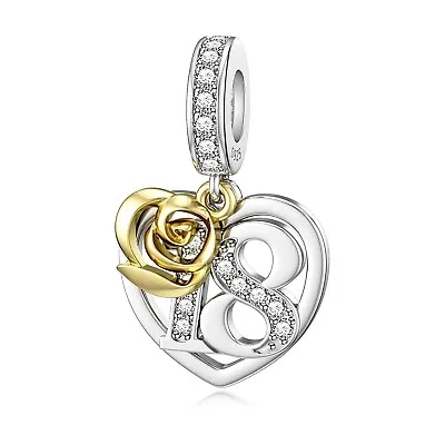 18th Birthday Golden Rose Pendant Charm For Bracelet S925 Sterling Silver • £5.97