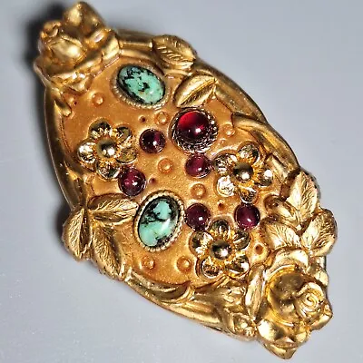 Michal Golan Gold Tone Turquoise Signed Multi Stone Oval Brooch Pin Vtg 2  Roses • $29.99