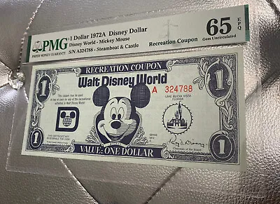 1972A Disney Dollar Recreation Coupon Mickey Mouse 65 PMG $1 Lake Buena Vista FL • $600