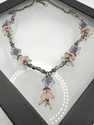 Vintage Pink Tulip Sweet Romance USA Art Glass Rhinestone Necklace • $45