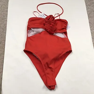 Red Cut Out Waist Halterneck Bodysuit Flower Feature To Front Zara Small New • £12