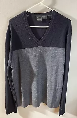 Armani Exchange Wool Sweater Man’s XXL Pullover V-Neck Knit Gray Blue • $20