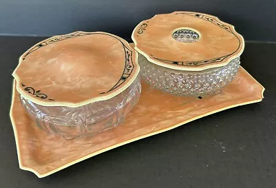 Vintage Vanity Dresser Set Hair Receiver Powder Jar Tray Pink Celluloid Art Deco • $60