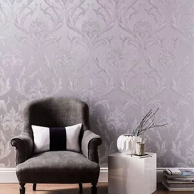 Boutique Oxford Embellished Damask Silver / Grey Wallpaper • £23.99