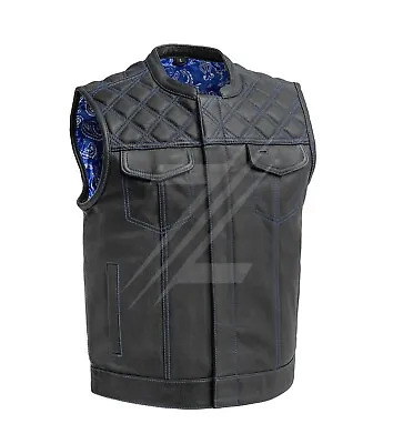 Blue Diamond Quilted Riding Club Bikers Vest New Leather Motorcycle Vest Royal • $162