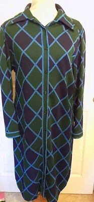 Vintage Blue Green Geometric Diamond Knit Dress Button Front B40 • $22.99
