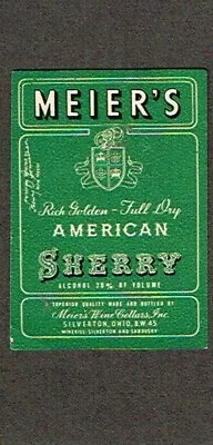 60mm 1940s OHIO Silverton MEIER'S AMERICAN SHERRY WINE Mini Bottle Label • $18.88