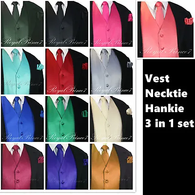 MEN SOLID PROM Tuxedo Suit Dress Vest Waistcoat & Neck Tie HANKIE Wedding 3 IN 1 • $21.85