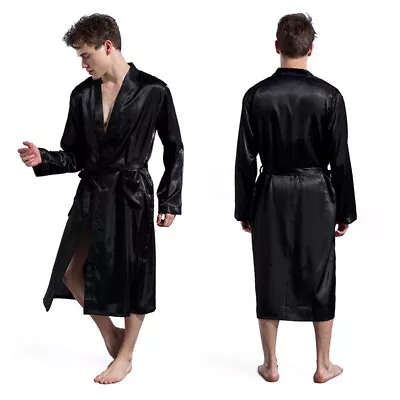 Men Long Satin Silk Pajamas Kimono Bathrobe Robe Dressing Gown Pjs Loungewear US • $16.98