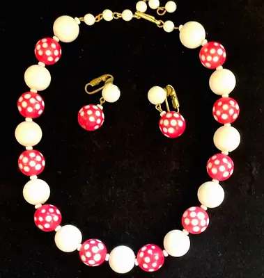 VTG W Germany Necklace & Earrings Set Pink & White CARVED Polka DOT Beads JCS • $29.99