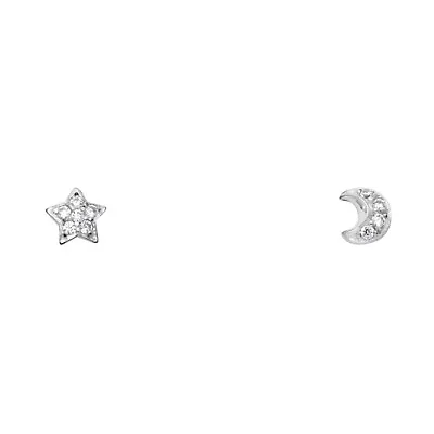 Ioka - 14K White  Gold Round Cut CZ Moon And Star Screw Back Stud Earrings • $64