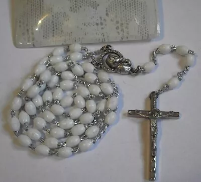 Vtg 18  White Plastic Bead Rosary Mary & Child Jesus Sacred Heart Italy W/ Pouch • $10