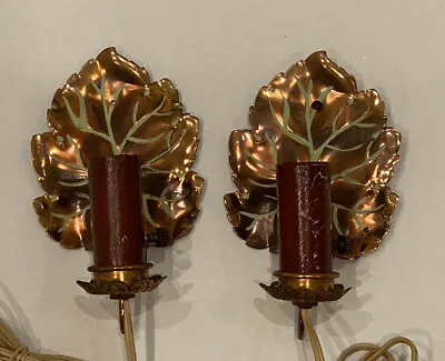 PAIR VINTAGE COPPER LEAF WALL SCONCES LIGHTS MID CENTURY Lamp • $89.99