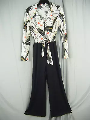 MONTGOMERY WARD Vtg 70s White Black Beige Knit Bell Leg Jumpsuit-Bust 38/XS-S • $24.98
