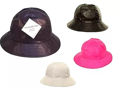 Ladies Womens Lined Showerproof Festival Rain Hood Bucket Hat Cap Reversible Siz • £4.99