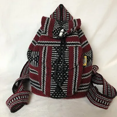 Pinzon Mini Backpack Black Burgundy Woven Cotton Stripes Machine Washable Mexico • $8.99