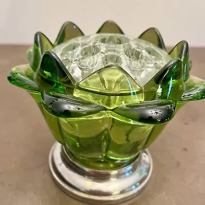 Vintage Green Viking Glass W/ Silverplate Rim-clear Glass Center Flower Frog • $42