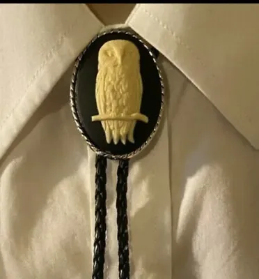 Gothic White Owl Black Cameo Silver Pendant Lariat Black Bolo Tie Rockabilly  • $24.19