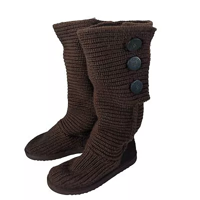 UGG Women's Classic Cardy Tall Knit Boot Sheepskin Button Sweater Brown Sz 7 • $43.74