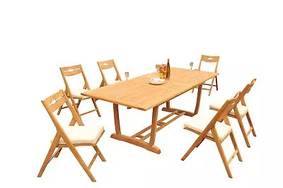 7-Pc Outdoor Teak Dining Set: 94  Masc Rectangle Table 6 Folding Chairs Surf • $2749.11